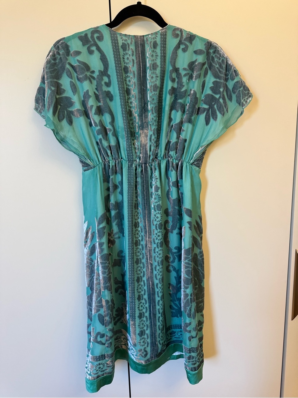 Hale Bob Silk Blend Velvet Burnout Mini Dress Teal Blue Boho Empire Waist S - Picture 3 of 6